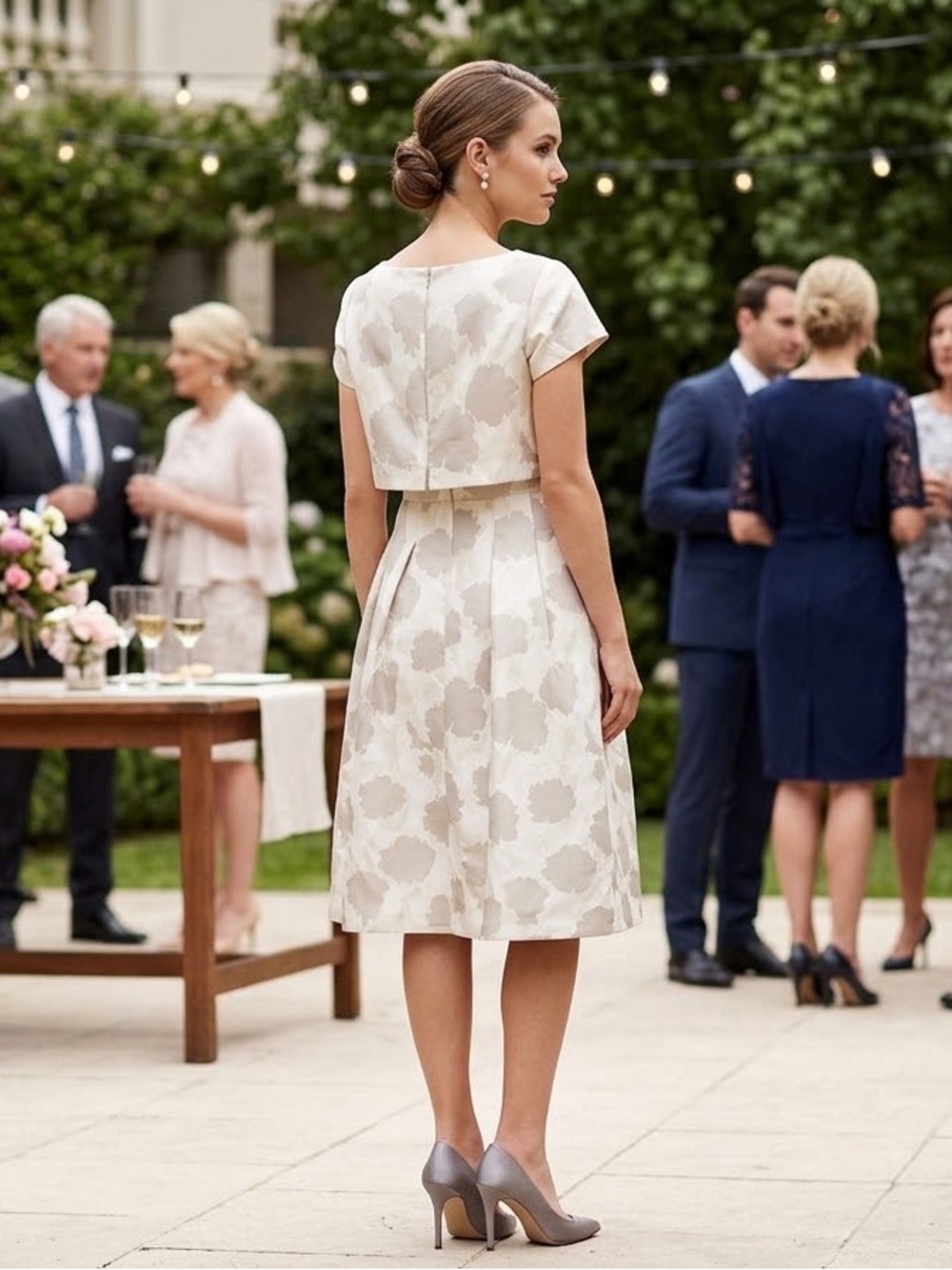 Bigio Collection Ivory Floral A-Line Midi Dress